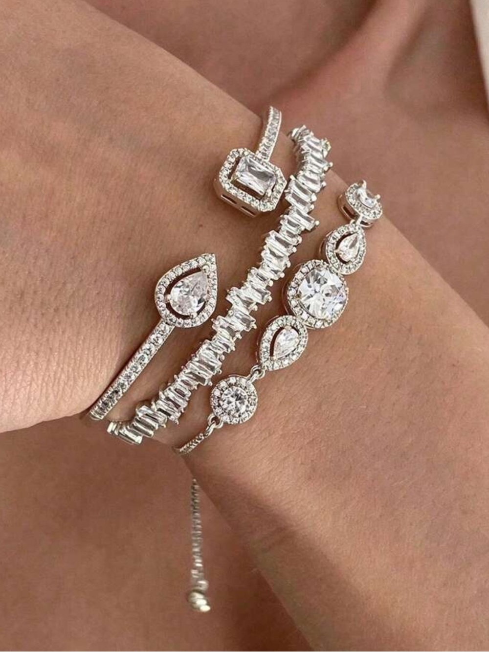 Sparkling Silver Cubic Zirconia Multi-Row Bracelet Set in Silver